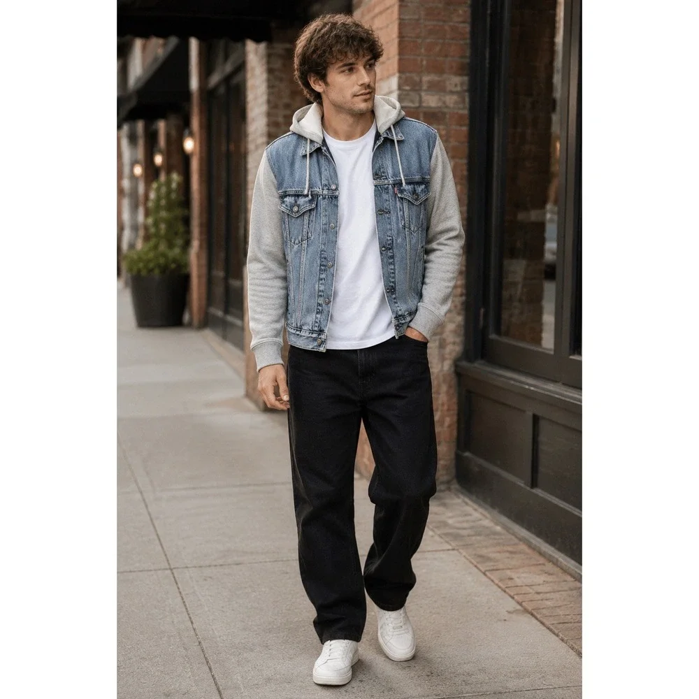 Levi's Trucker Jacket M Y2K Streetwear Hybrid Hoodie Denim Fleece Blokecore